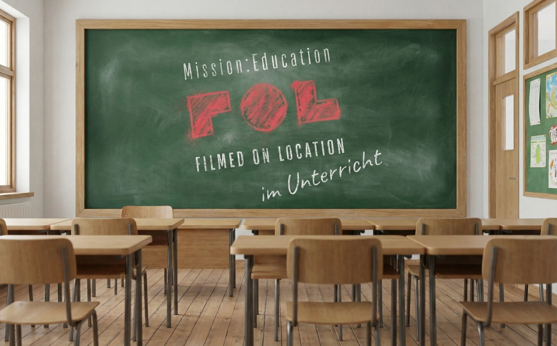Ein helles leeres Klassenzimmer mit einer grünen Tafel , auf der mit Kreide "Mission Education Filmed on Location im Unterricht" geschrieben steht.
